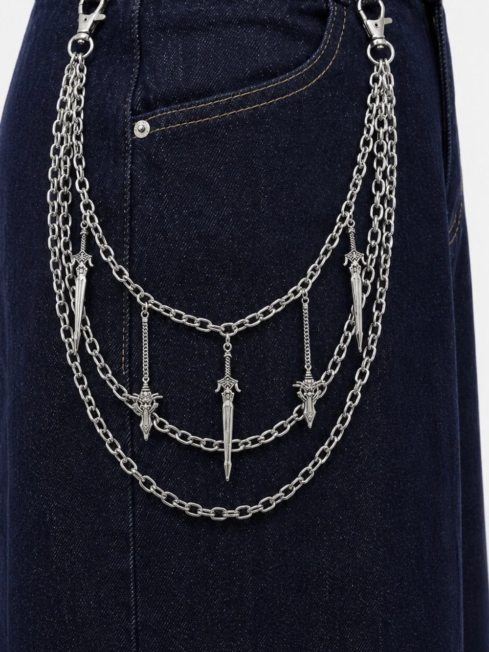 Y2K Layered Pants Jean Chain Star Dagger Goth Punk Grunge Premium Stainls Steel